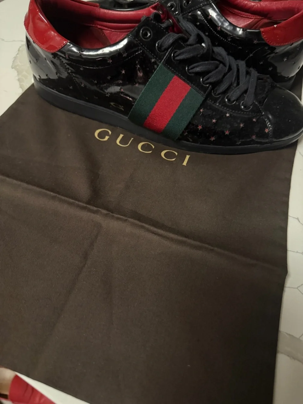 Authentic Gucci Black Patent Sneakers with Red and Green Web Stripe